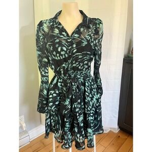 Lipsy London Teal Black Abstract Print Sheer Tiered Mini Shirt Dress Pom Pom